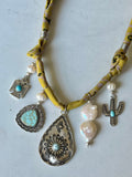 Bandana Necklace - Silver, Turquoise, Pearls & Vintaged Chartreuse Yellow Bandana