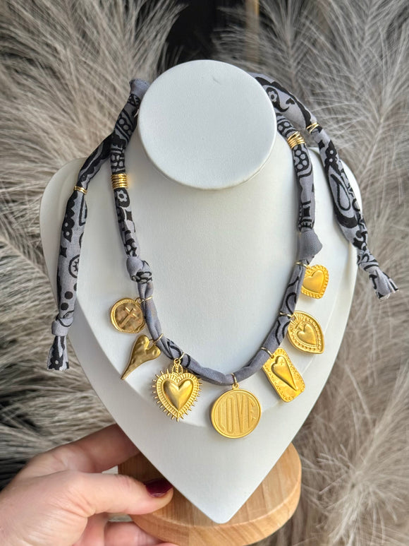 Charcoal Gray Bandana Charm Necklace