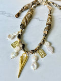 Silkies Bandana Necklace - Brown / Baroque Pearls (7 Charms)