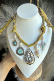 Bandana Necklace - Silver, Turquoise, Pearls & Vintaged Chartreuse Yellow Bandana