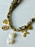 Silkies Bandana Necklace - Olive Green / Pearls & Stones (5 Charms)