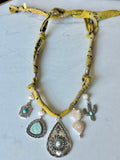 Bandana Necklace - Silver, Turquoise, Pearls & Vintaged Chartreuse Yellow Bandana