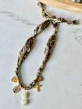 Silkies Bandana Necklace - Olive Green / Pearls & Stones (5 Charms)