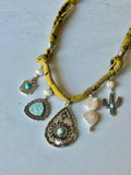 Bandana Necklace - Silver, Turquoise, Pearls & Vintaged Chartreuse Yellow Bandana