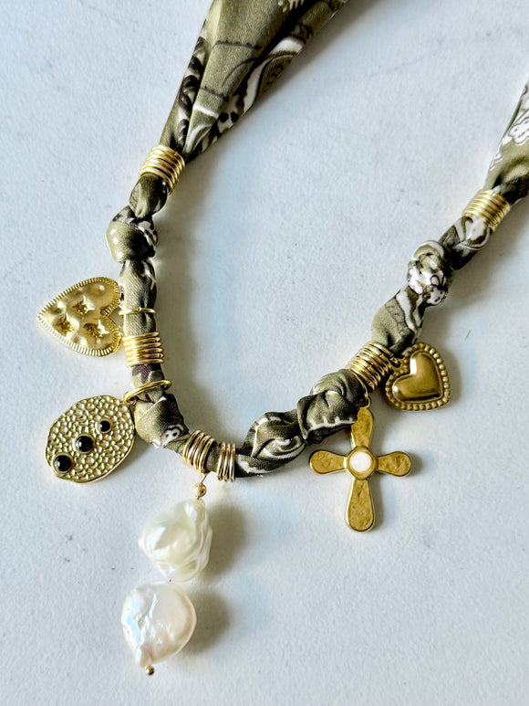 Silkies Bandana Necklace - Olive Green / Pearls & Stones (5 Charms)
