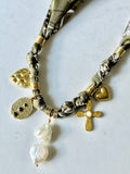 Silkies Bandana Necklace - Olive Green / Pearls & Stones (5 Charms)