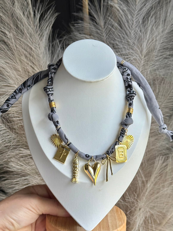 Charcoal Gray Bandana Charm Necklace