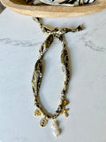 Silkies Bandana Necklace - Olive Green / Pearls & Stones (5 Charms)