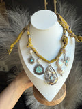 Bandana Necklace - Silver, Turquoise, Pearls & Vintaged Chartreuse Yellow Bandana