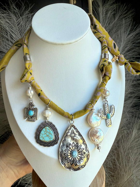 Bandana Necklace - Silver, Turquoise, Pearls & Vintaged Chartreuse Yellow Bandana