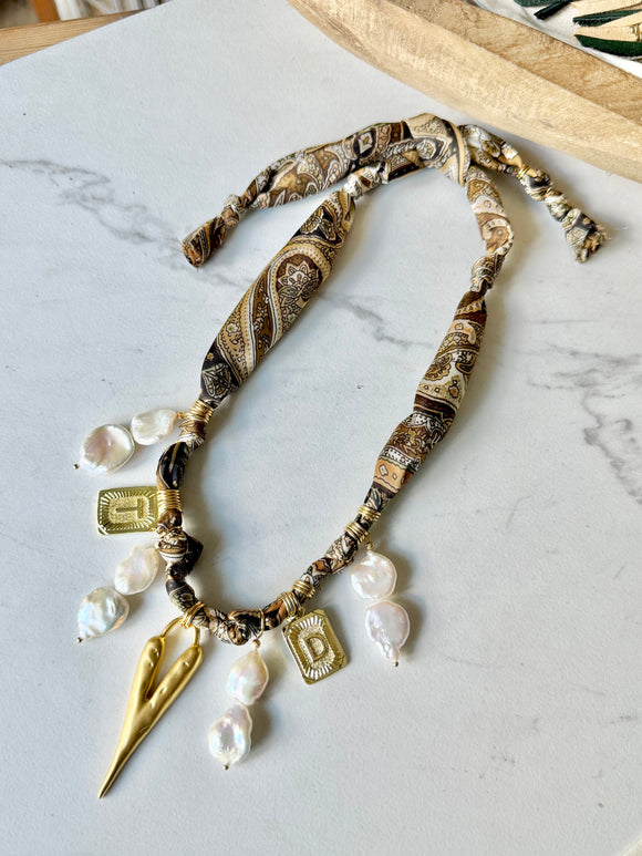 Silkies Bandana Necklace - Brown / Baroque Pearls (7 Charms)