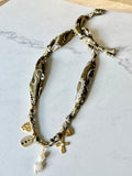 Silkies Bandana Necklace - Olive Green / Pearls & Stones (5 Charms)