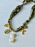 Silkies Bandana Necklace - Olive Green / Pearls & Stones (5 Charms)