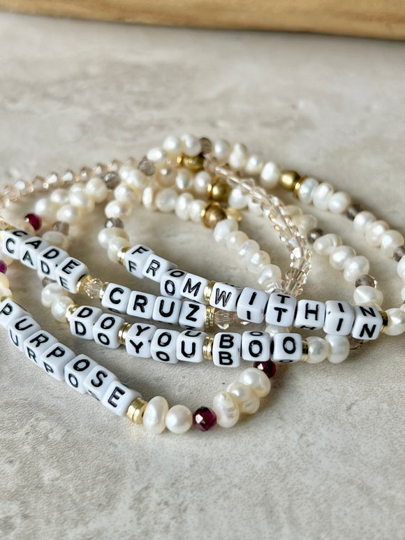 Petite Freshwater Pearl & Gemstone [Personalized] WORD BRACELETS